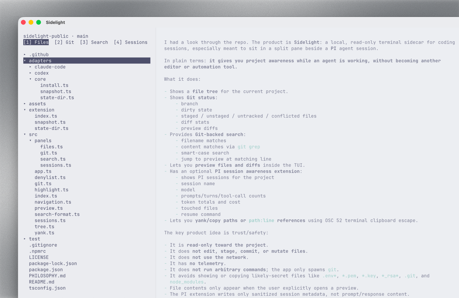Sidelight running beside an AI coding agent in a terminal split view